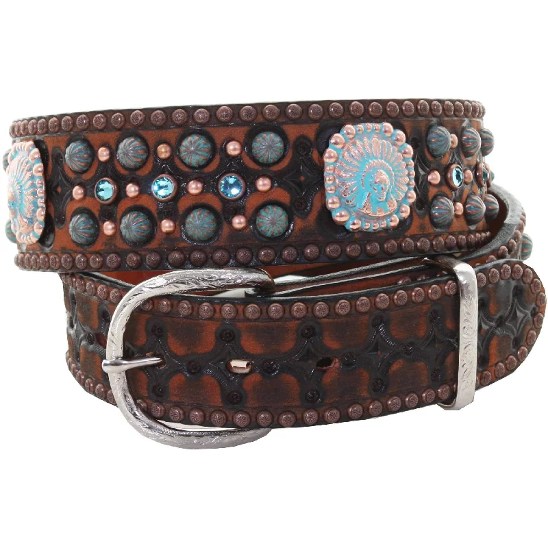 women’s stretchable waist belt -B973 - Black Vintage Tooled and Studded Belt