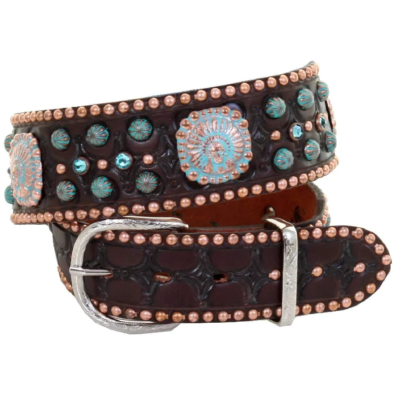 leather belt with rhinestone buckle -B973A - Brown Tooled and Studded Belt