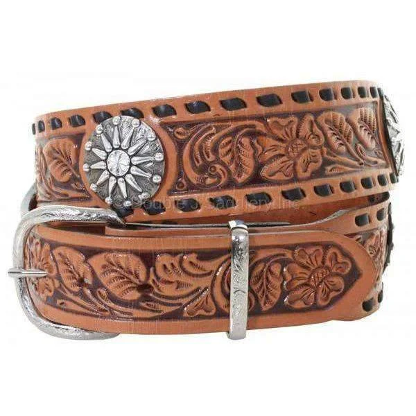 thin elastic waist belt for skirts -B976 - Natural Leather Tooled Belt