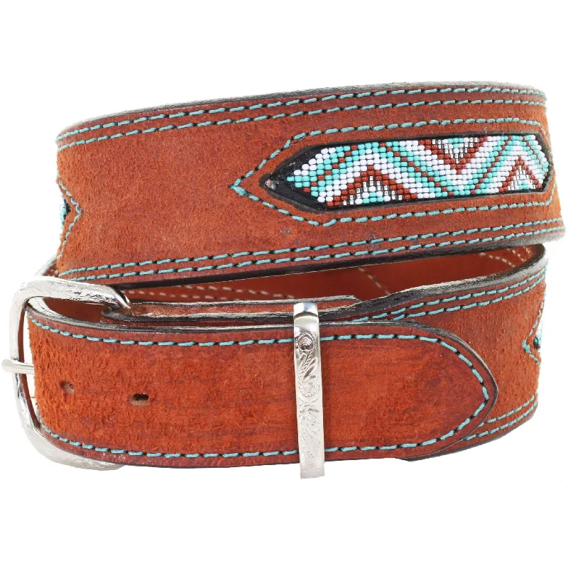 high-quality leather waist belt for jeans -B977 - Chestnut Rough Out Beaded Belt