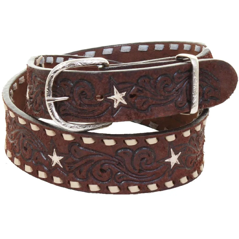 women’s braided leather belt with buckle -B980 - Brown Rough Out Tooled Belt