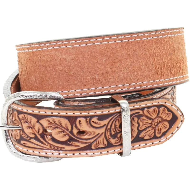 stylish waist belt for maxi dress -B981 - Natural Rough Out and Floral Tooled Belt