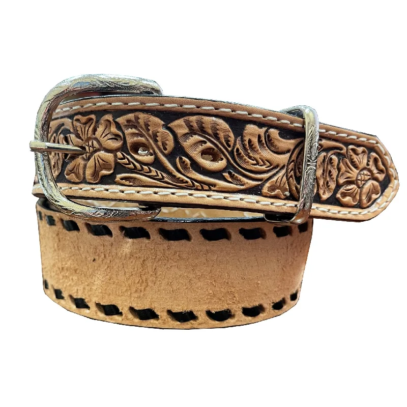 leather belt for winter jackets -B981A - Natural Rough Out and Floral Tooled Belt