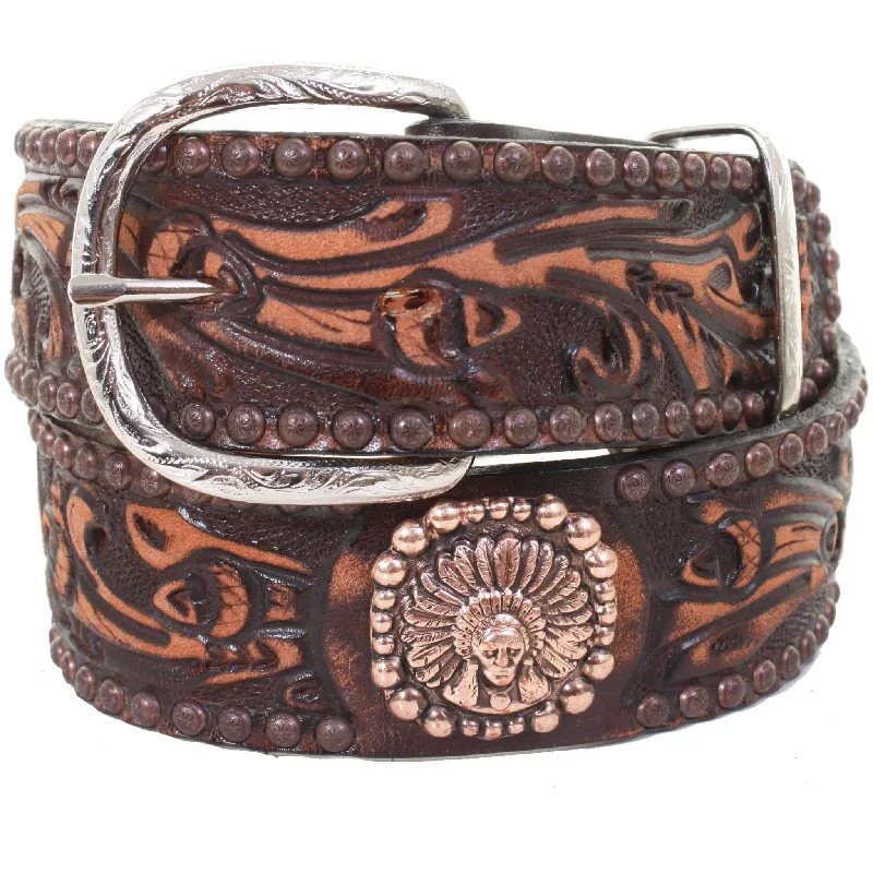 reversible leather belt for formal wear -B985A - Brown Vintage Tooled Belt