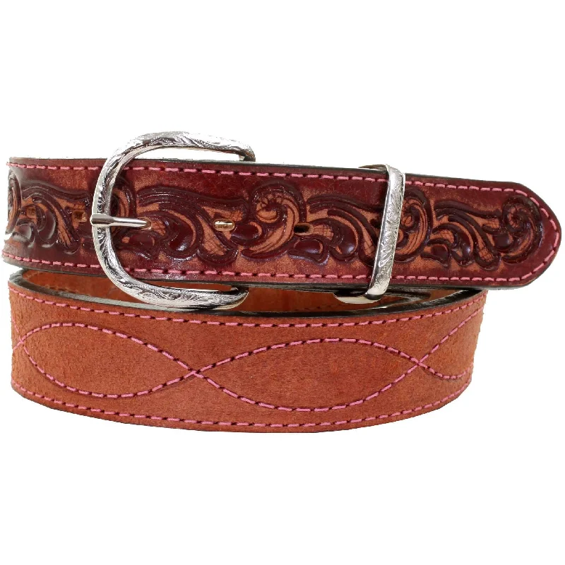 high-quality belt with silver buckle -B991A - Cognac Rough Out Tooled Belt