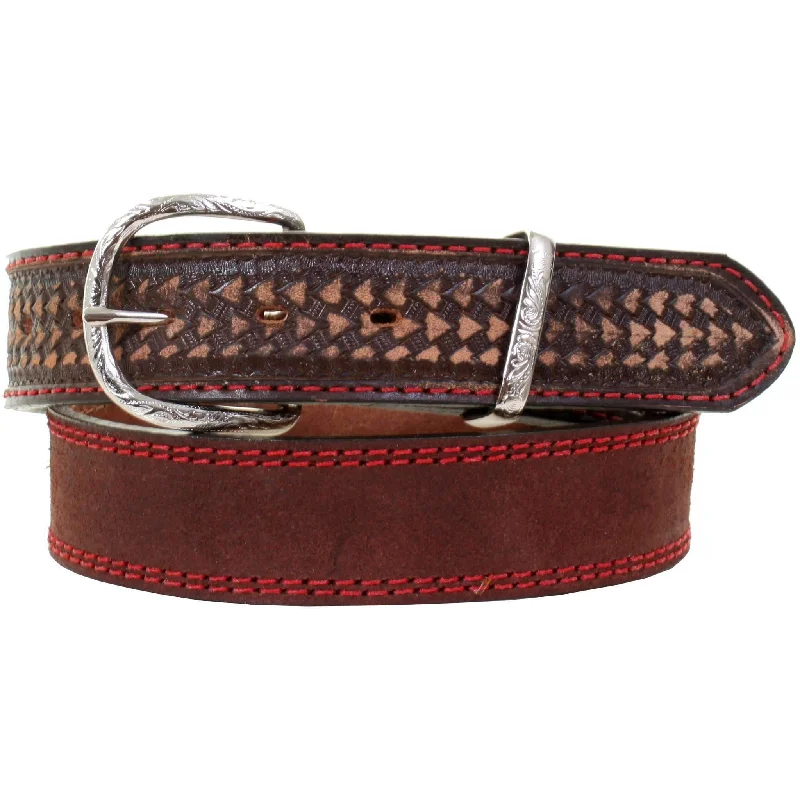 belt with round buckle for skirts -B992 - Brown Rough Out Tooled Belt