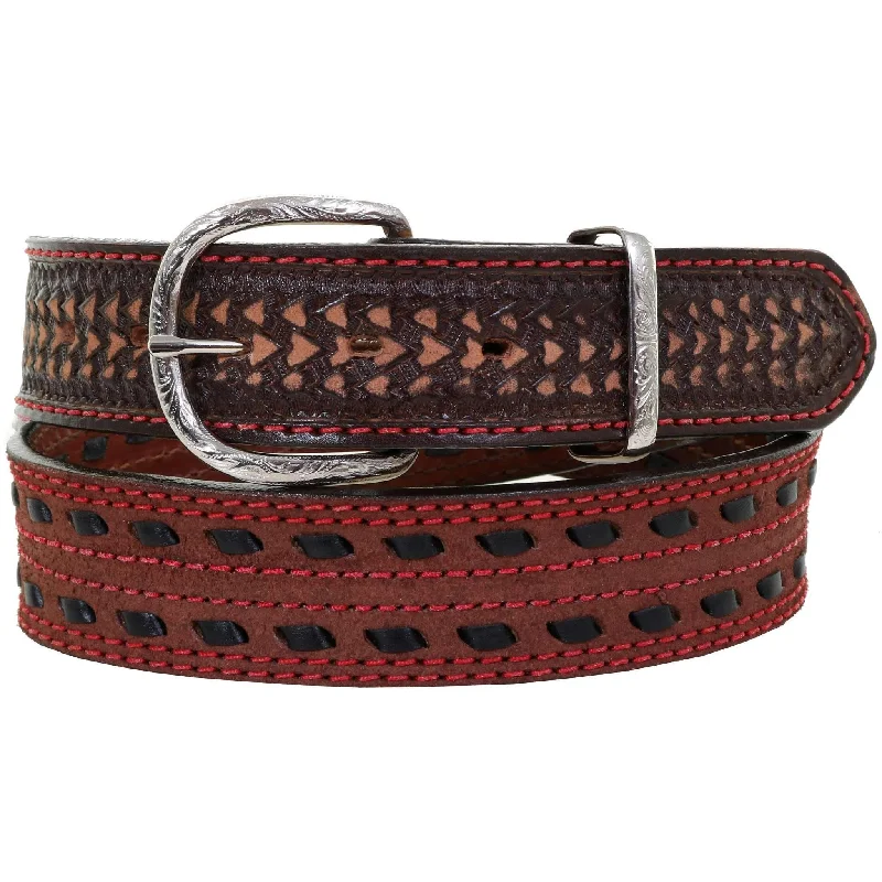 casual leather belt for office pants -B992AB - Brown Rough Out Tooled Belt