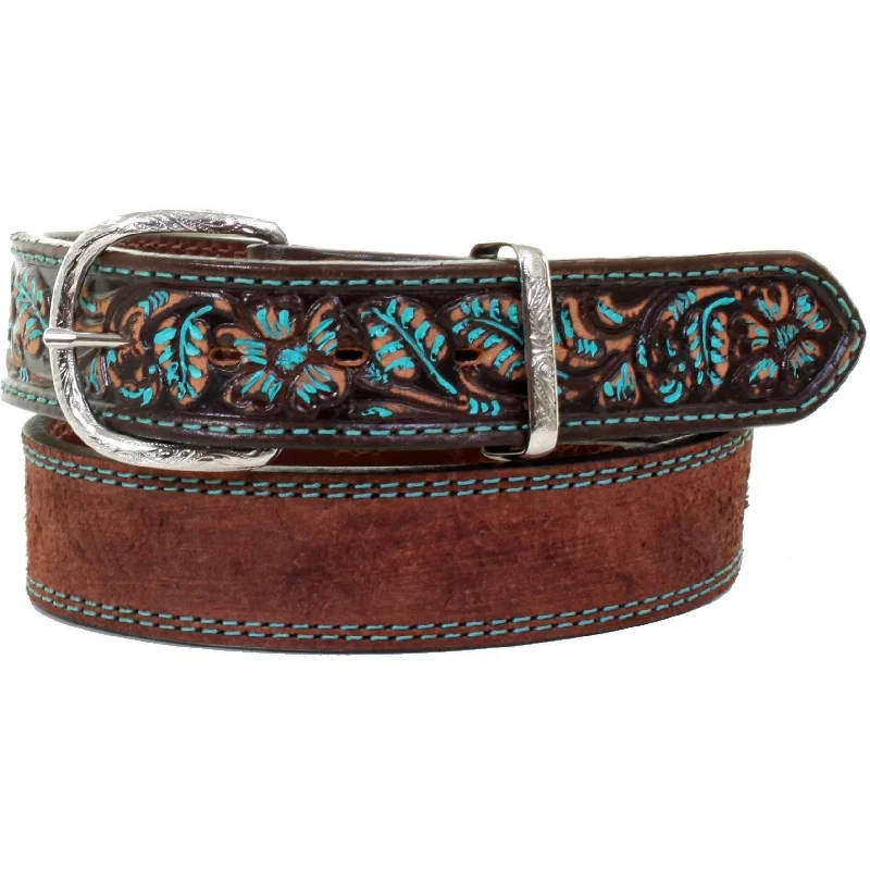 belt with pearl detail for office wear -B994A - Brown Rough Out Tooled Belt