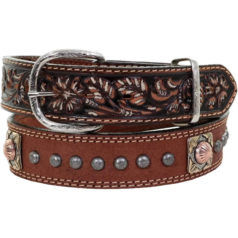 wide leather waist belt with silver buckle -B994AC - Brown Rough Out Tooled Belt