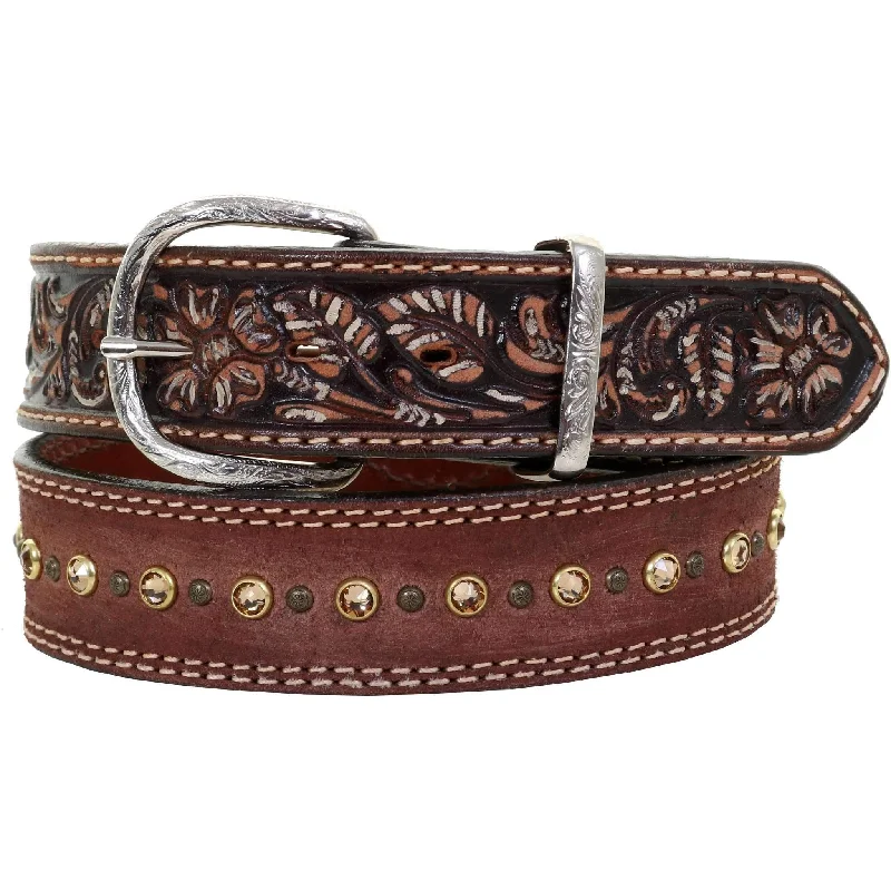 elastic belt for casual pants -B994B - Brown Rough Out Tooled Belt