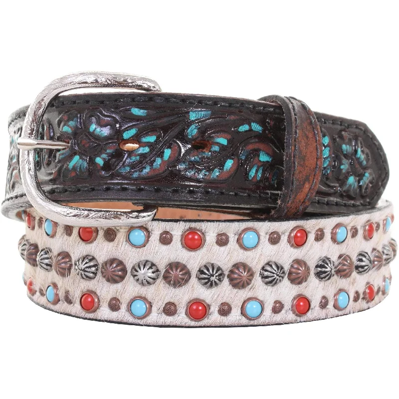 leather waist belt for office wear -CLEARANCE - B902 - Roan Hair Studded Tooled Belt