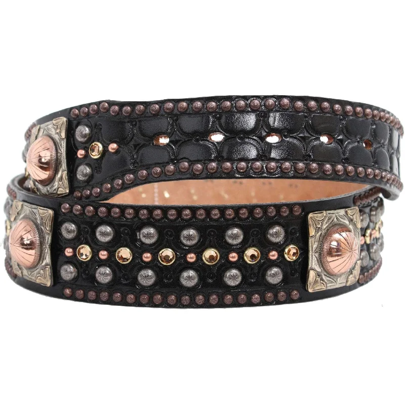 braided leather waist belt with metal buckle -CLEARANCE - Black Leather Crystal Belt - B213