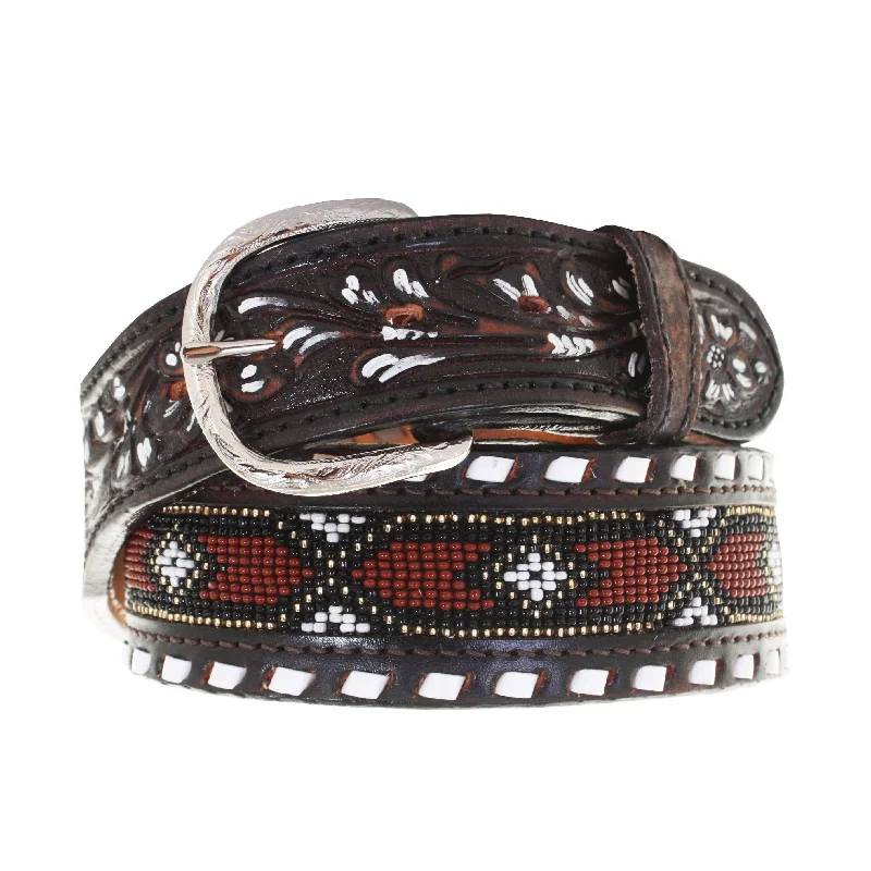 thick braided leather belt for jeans -CLEARANCE - Black Vintage Beaded Inlay Belt - B777A