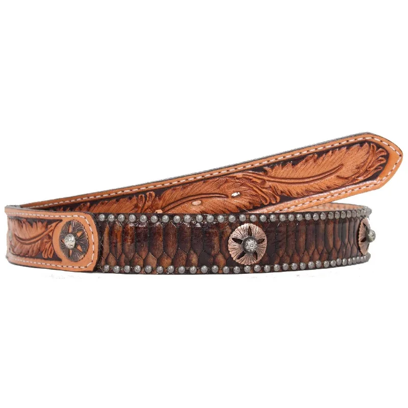 casual men’s belt with decorative buckle -CLEARANCE - Brown Snake Feather Tooled Belt - B168