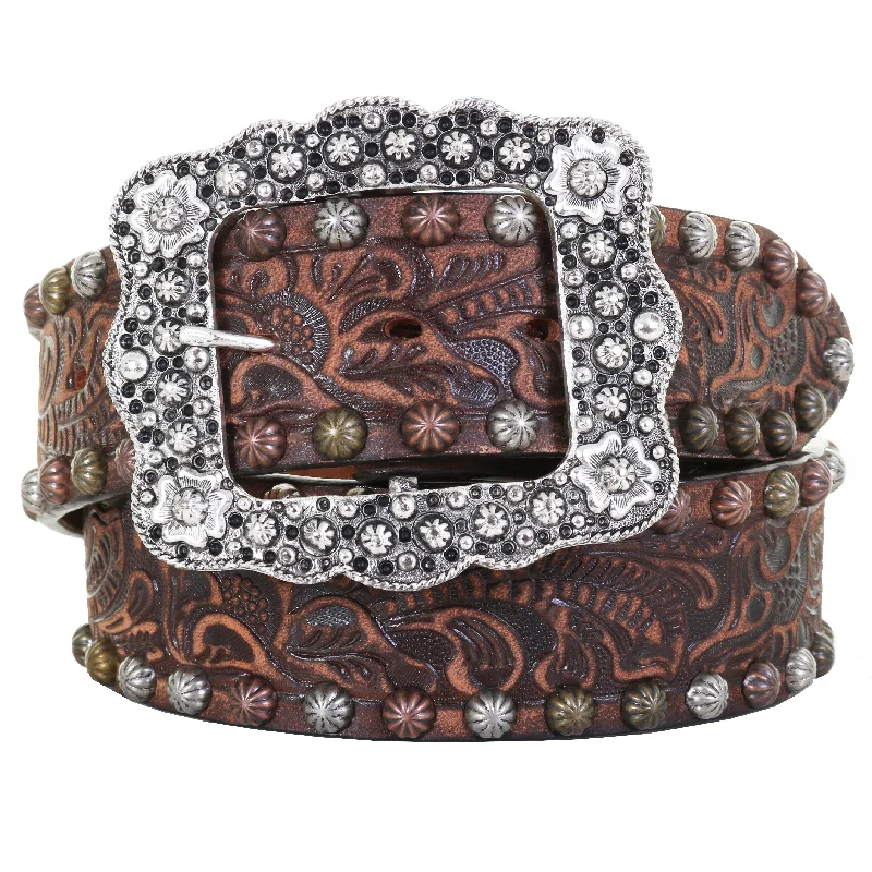 fashionable waist belt for plus size -CLEARANCE - Brown Vintage Floral Leather Belt - B299A