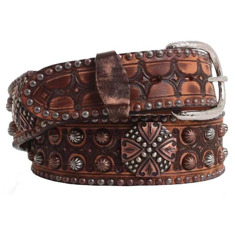 leather belt for stylish office wear -CLEARANCE - Brown Vintage Studded Belt - B837