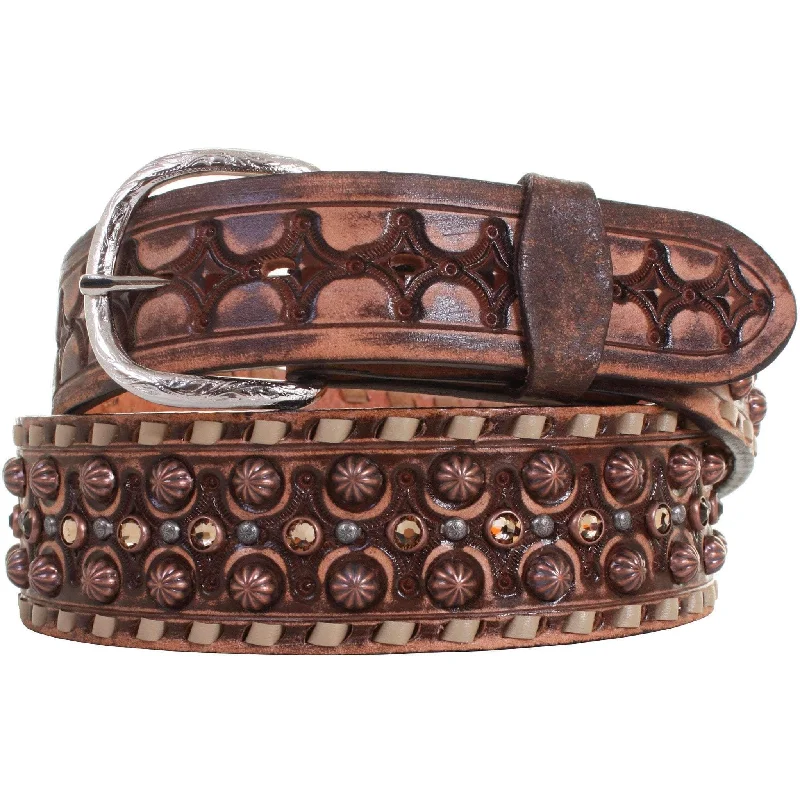 classic black leather waist belt for women -CLEARANCE - Brown Vintage Tooled Belt - B907A