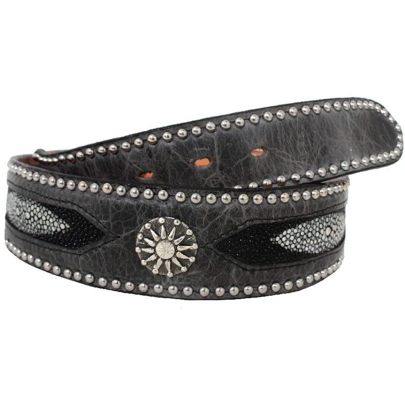 belt for women’s casual work attire -CLEARANCE - Grey Distressed Leather Studded Belt - B008