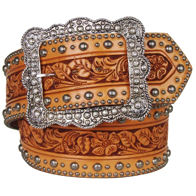 stylish black waist belt for jeans -CLEARANCE - Natural Floral Tooled Studded Belt - B157