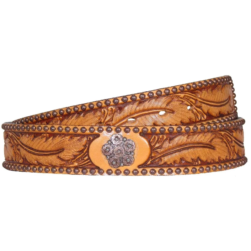 belt for men’s work trousers -CLEARANCE - Natural Leather Feather Tooled Belt - B474