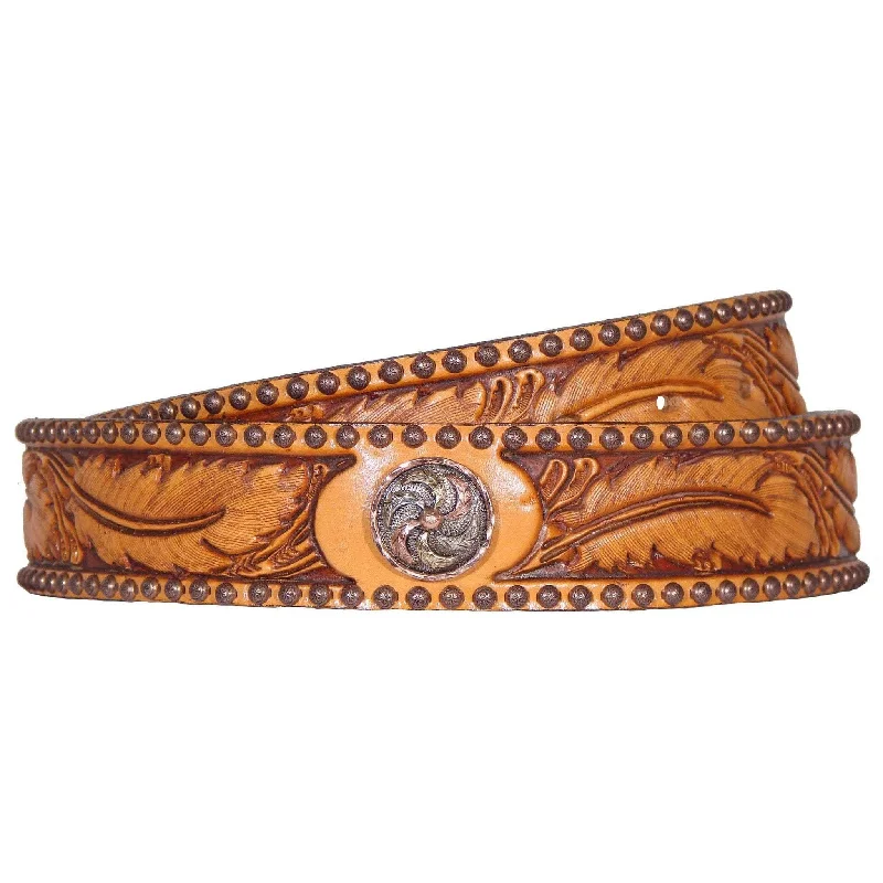 belt with metallic buckle for trousers -CLEARANCE - Natural Leather Feather Tooled Belt - B475