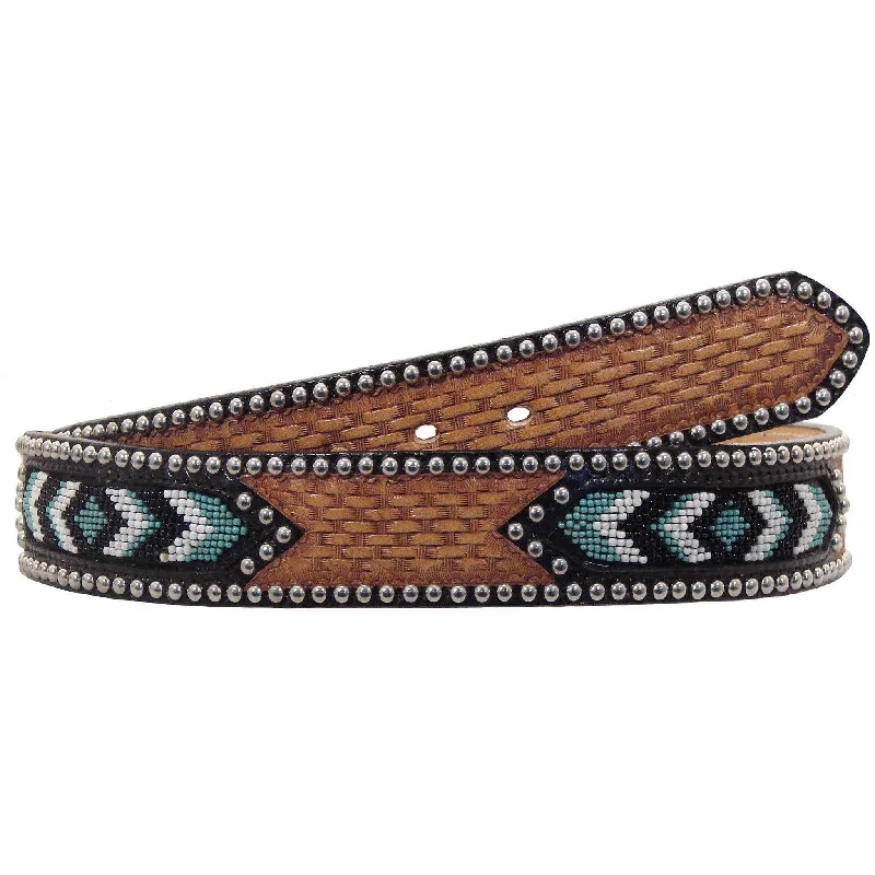 thick leather belt with large buckle -CLEARANCE - Natural Leather Tooled Beaded Belt - B312