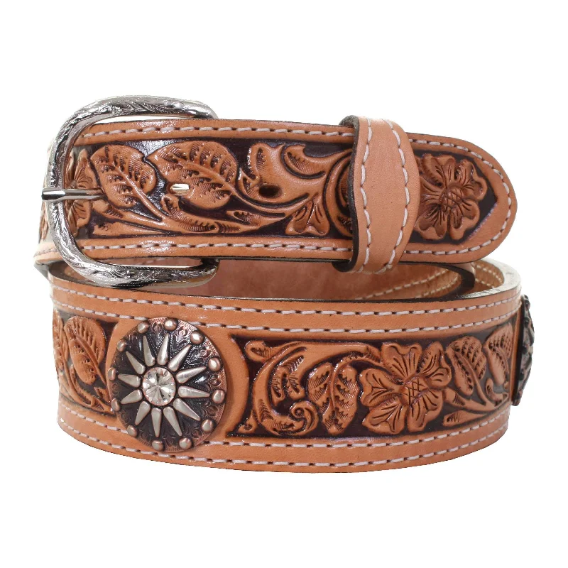 decorative waist belt for evening wear -CLEARANCE - Natural Leather Tooled Belt - B927A