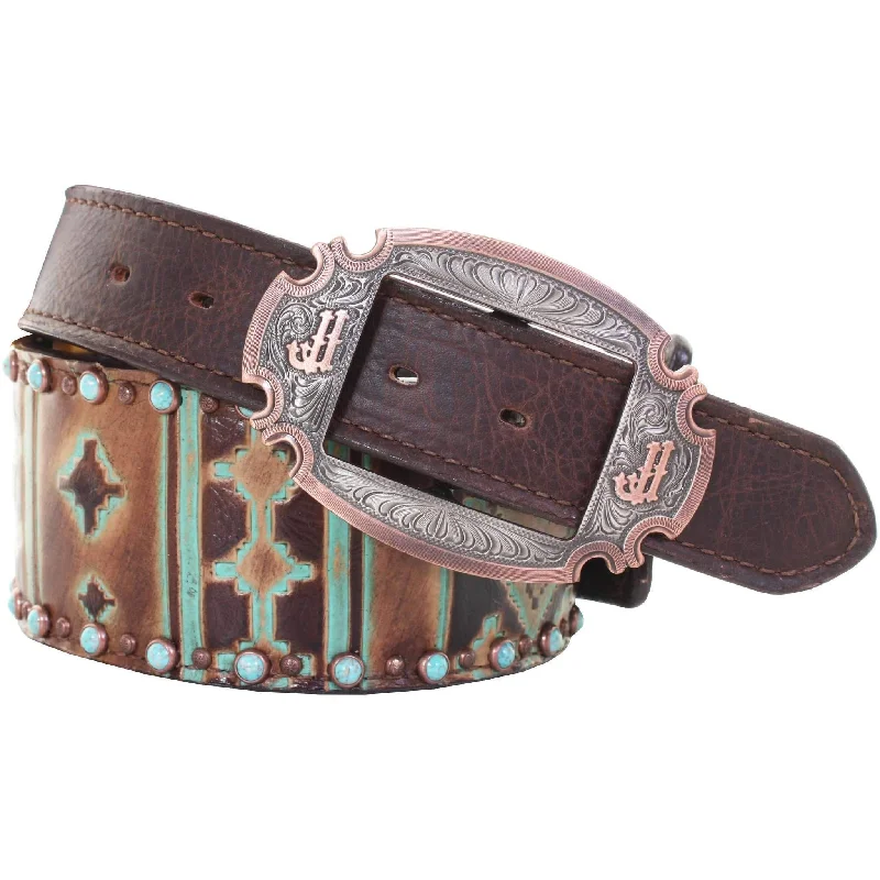 wide elastic waist belt for women’s dress -CLEARANCE - Navajo Turquoise and Brown 3 Piece Belt - B908