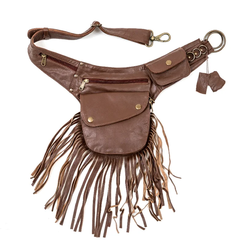 chic black leather waist belt -Leather Tassel Belt - Cinnamon