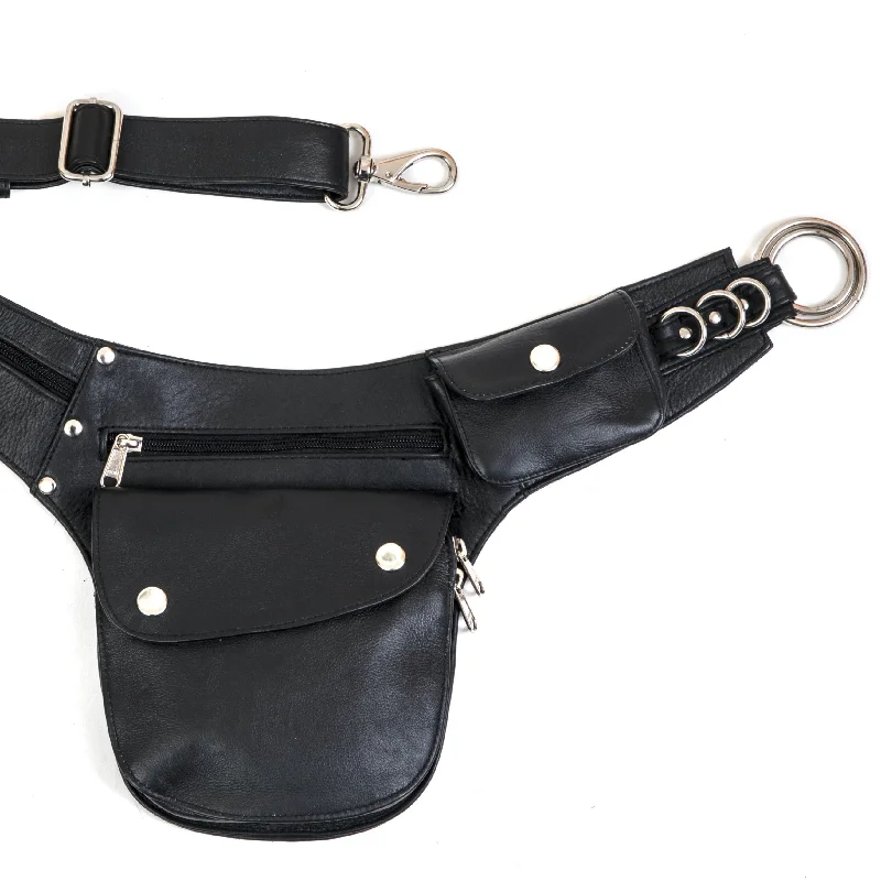 slim leather belt with adjustable buckle -Leather Hip Bag | Black with Silver Hardware