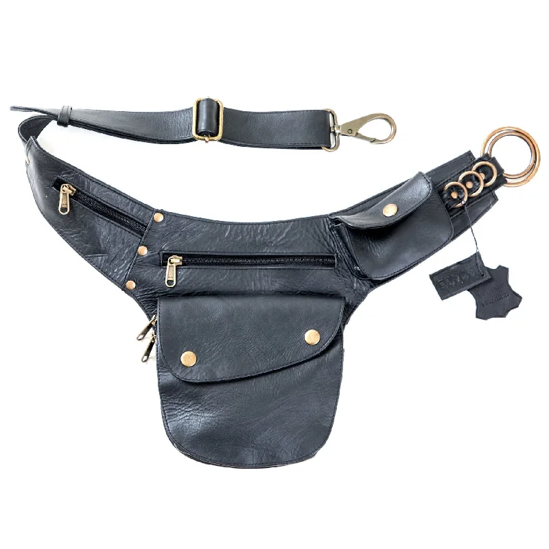 waist belt for casual dress with buckle -Leather Hip Bag - Black