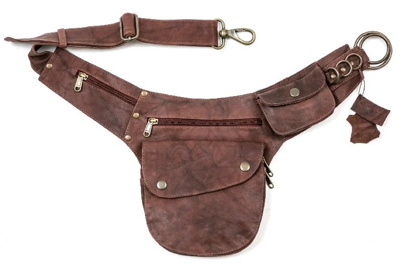 chic waist belt with shiny buckle -Leather Hip Bag - Mottled Brown