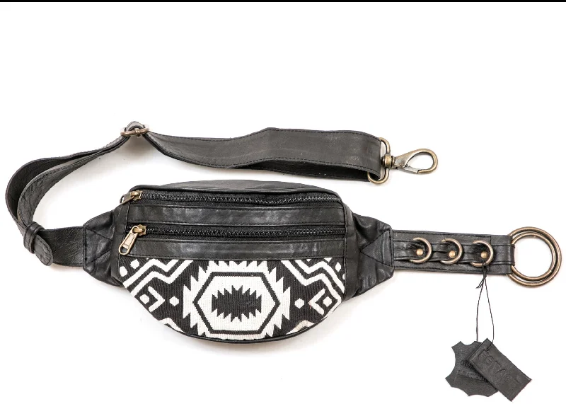 designer leather belt for casual outfits -Leather Kilim Bumbag - Black & White