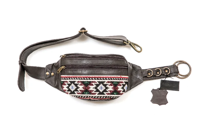 high-quality leather waist belt for jeans -Leather Kilim Bumbag - Bohemian Brown