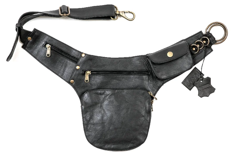 casual black waist belt for jeans -Leather Minimal Hip Bag - Black