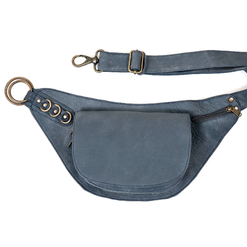 wide leather waist belt with silver buckle -Leather Nelya Belt | Stone Blue