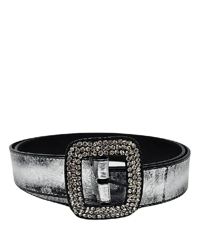 belt for office dress with gold buckle -Silver Metallic Leather Belt