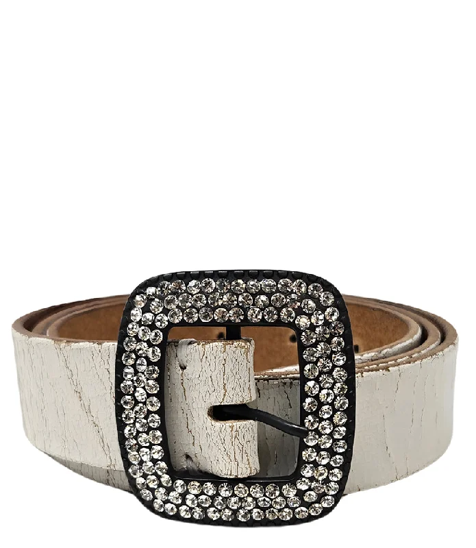 stylish belt with gold embellishment -White Cracked Leather Belt