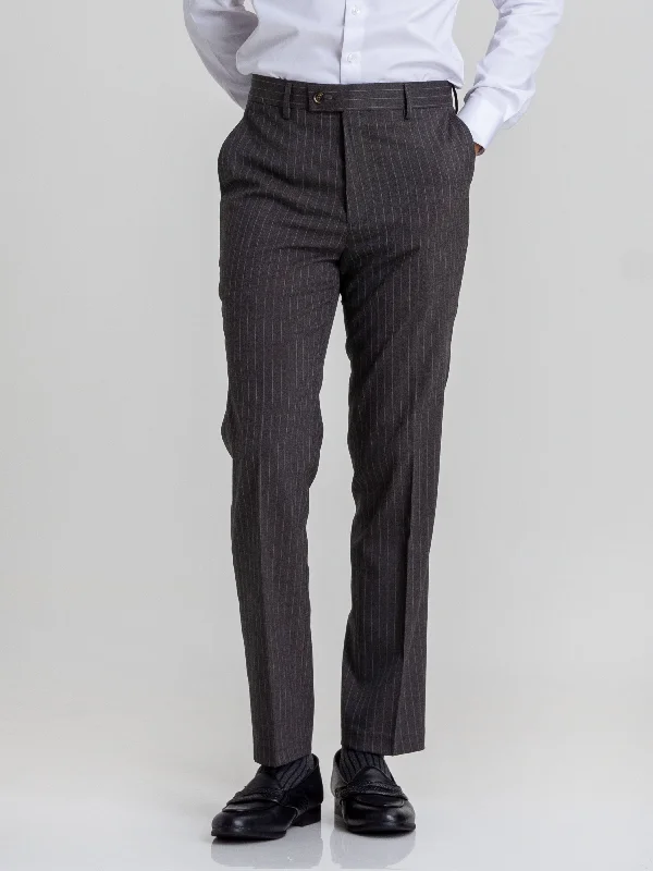 thick leather waist belt with silver buckle -Trousers With Belt Loop - Dark Grey With Brown Stripes (Stretchable)