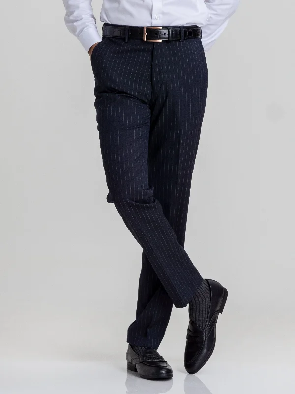 wide waist belt for dressy occasions -Trousers With Belt Loop - Navy Blue Pinstripes (Stretchable)