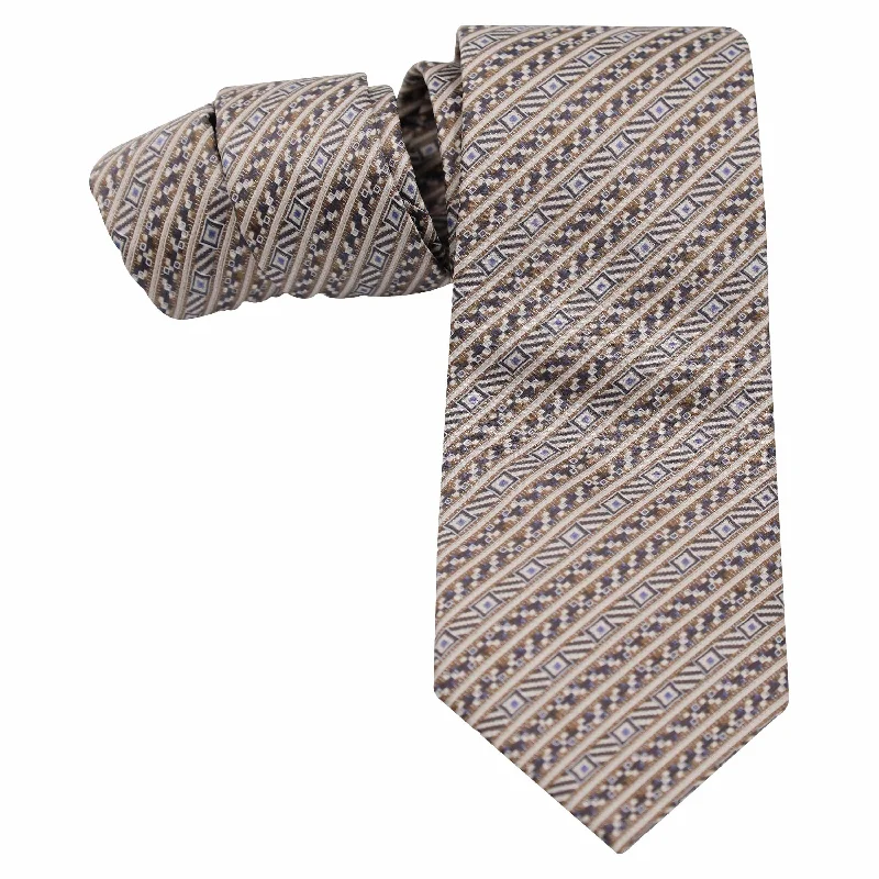 premium silk necktie sets for business attire-BEIGE AND BROWN HERRINGBONE DIAGONAL STRIPE SILK TIE