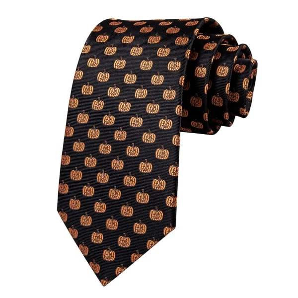 unique necktie designs for office-Classy Men Black Gold Pumpkin Silk Tie