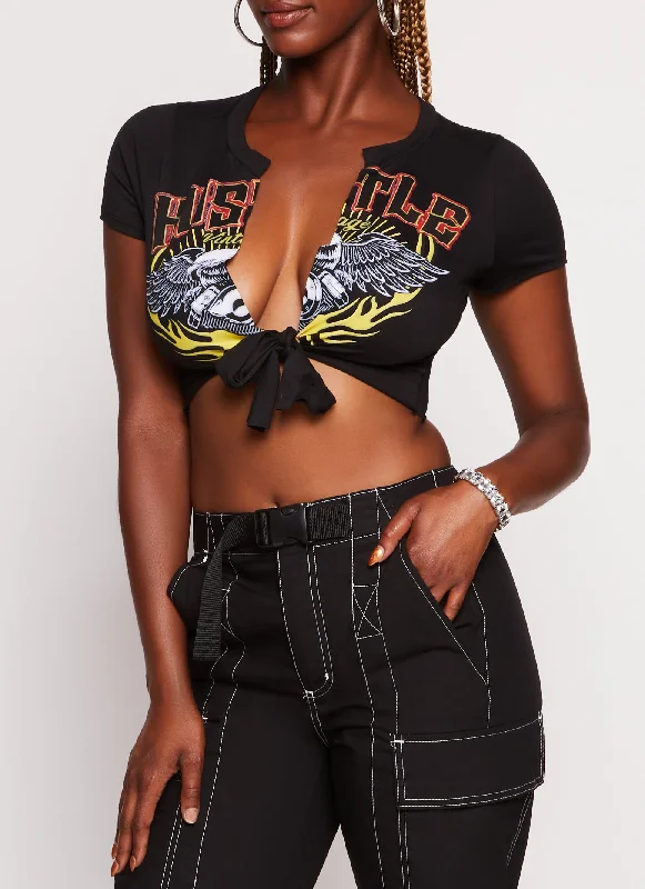 modern silk necktie collections-Hustle Graphic Tie Front Crop Top