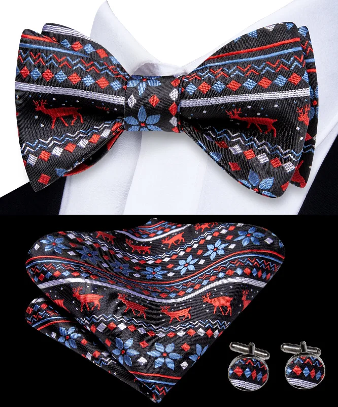 formal silk necktie designs for weddings-Black Red Christmas Deer Silk Self-tied Bow Tie Pocket Square Cufflinks Set