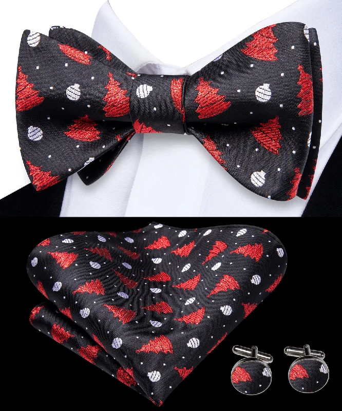 trendy silk necktie patterns for office wear-Black Red Christmas Tree Self-tied Bow Tie Pocket Square Cufflinks Set