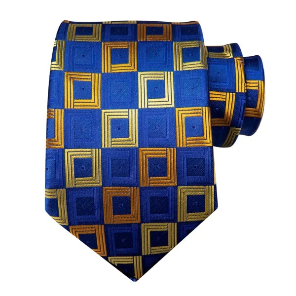 bold silk neckties for business-Classy Men Blue Gold Squared Silk Tie