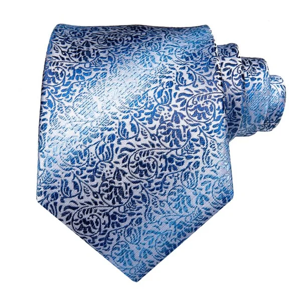 luxury silk wedding necktie combinations-Classy Men Blue Silver Floral Silk Tie