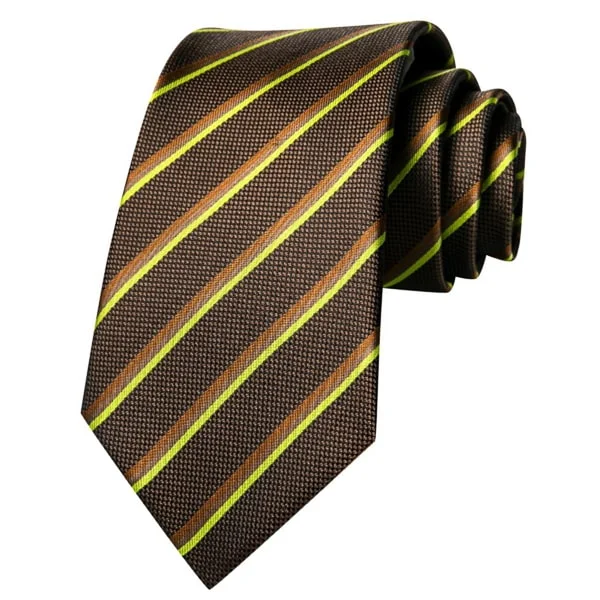 silk ties for office interviews-Classy Men Brown Yellow Striped Silk Tie