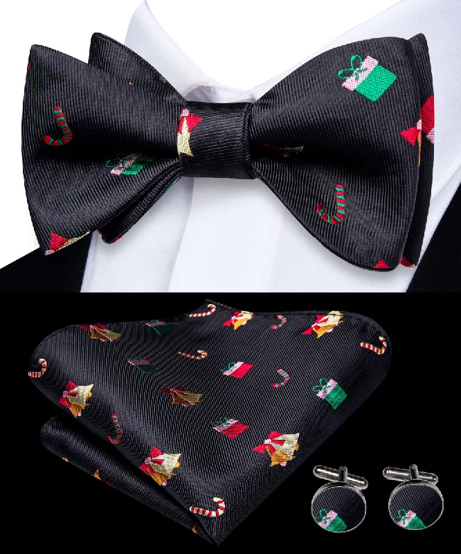 silk ties for men’s formal gatherings-Christmas Black Candy Cane Self-tied Bow Tie Pocket Square Cufflinks Set