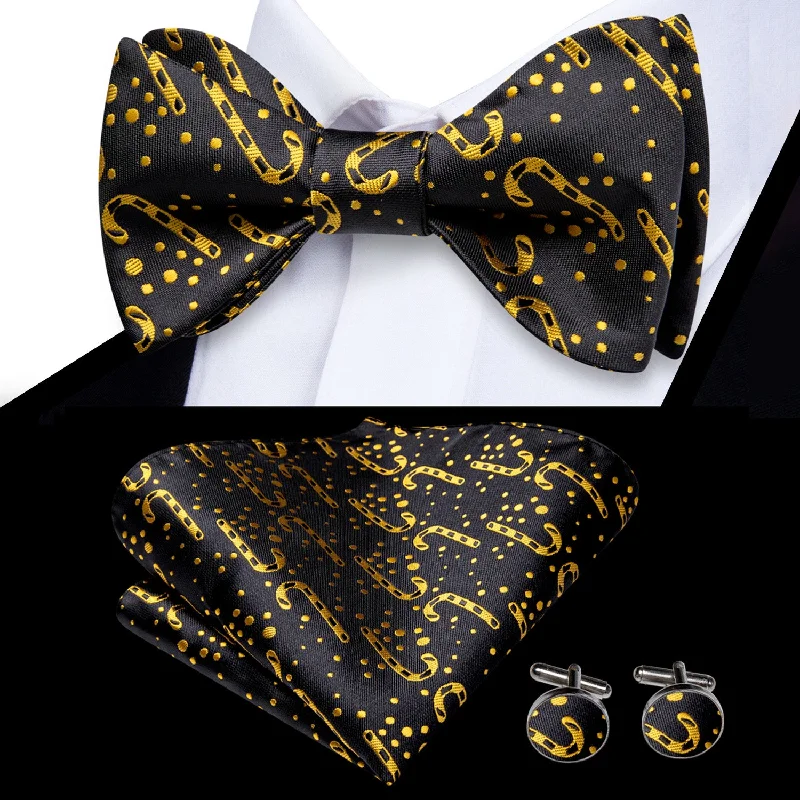 trendy silk bow ties for office events-Christmas Black Golden Candy Cane Self-tied Bow Tie Pocket Square Cufflinks Set